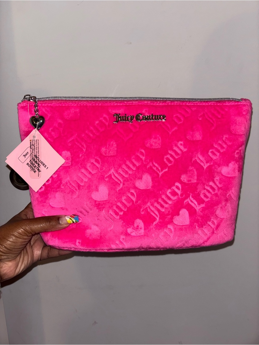 Juicy Couture Bright Hot Pink Plush Cosmetic Case with Heart Embossing
